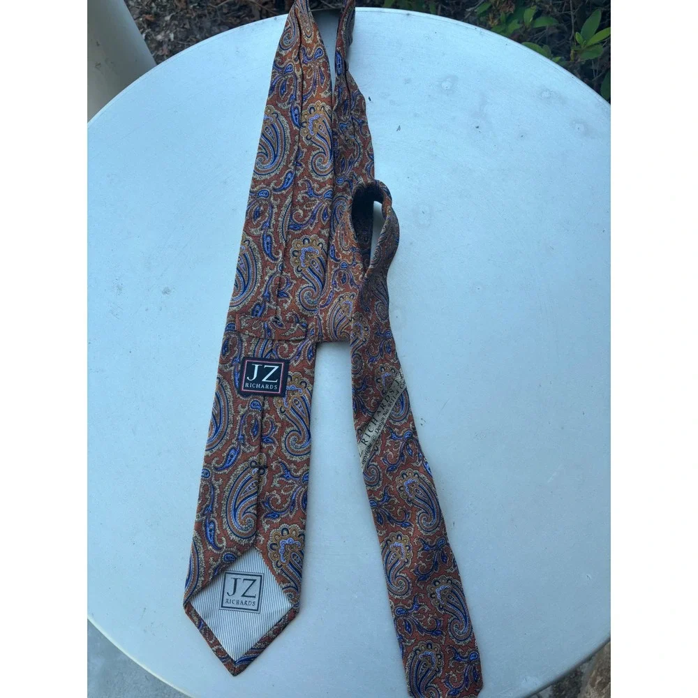 JZ Richards Mens Silk Paisley Necktie Burnt Orange Blue Hand Made‎ in USA
